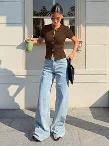 Muchica 女士纯色圆领金属装饰休闲百搭日常短袖T恤 - 巧克力棕 - 查看 6