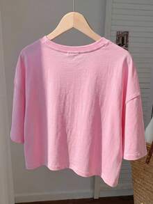 SHEIN EZwear 女士粉色短袖休闲圆领T恤夏季 - 粉色 - 查看 2
