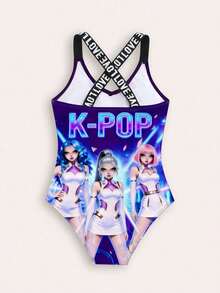 Tween Girl Letter & Portrait Print One-Piece Swimsuit - Multicolor - View 2