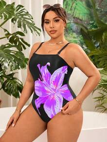 Swim Vcay Plus Size Women's Black Classy Lily Flower Print Detachable Strap One-Piece Swimsuit,Strapless Bikini Bathing Suit For Summer Beach Holiday Occasion - Multicolor - View 6