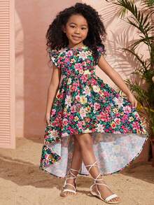 SHEIN Young Girl Chiffon Ditsy Floral Round Neck Ruffle Hem Casual Dress - Multicolor - View 1
