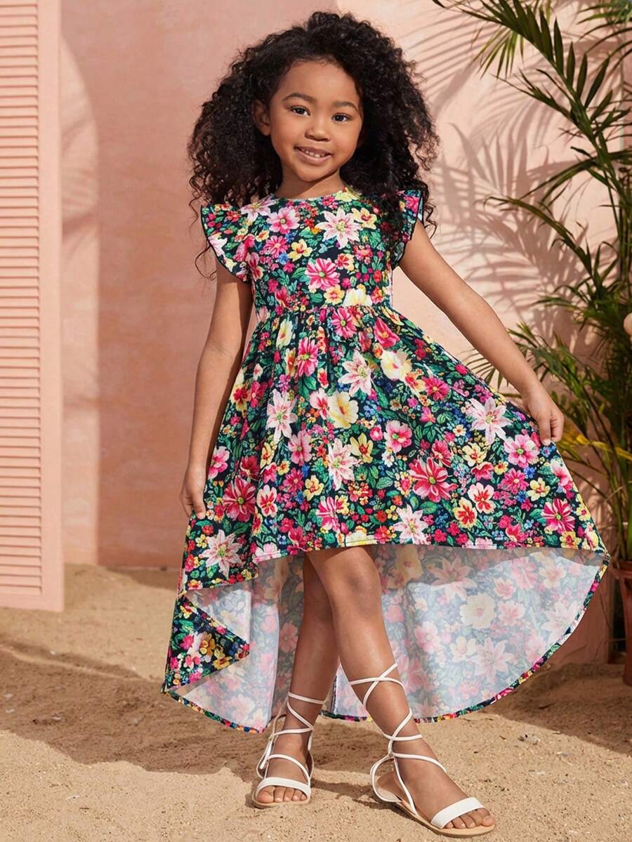 SHEIN Young Girl Chiffon Ditsy Floral Round Neck Ruffle Hem Casual Dress - Multicolor - View 1