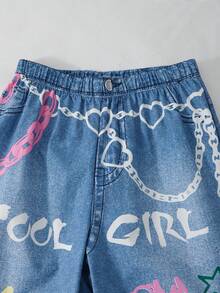 SHEIN ChillGRL 两件套少女仿牛仔印花紧身T恤和仿牛仔卡通链条印花长裤套装，休闲日常风格 - 藍色 - 查看 4