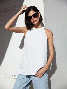 Ontre Women's White Linen Tank Top,Effortless Chic Elegant Vacation Summmer Round Neck Hollow Out Sleeveless Music Festival Concert Beach Bohemian Outfit - White - View 5