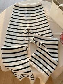 Comfortcana Plus Size Women Drawstring Waist Striped Casual Versatile Daily Wear Knit Pants - White - View 2