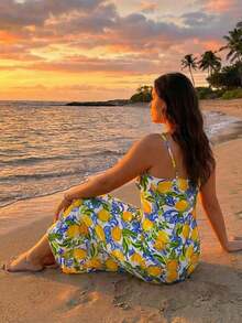 Veykashi Casual Minimalist Full-Print Fresh Lemon Fruit Pattern Bodycon Cami Maxi Dress, Suitable For Summer, Beach Vacation, Graduation Season, Spring Break - Yellow - View 6