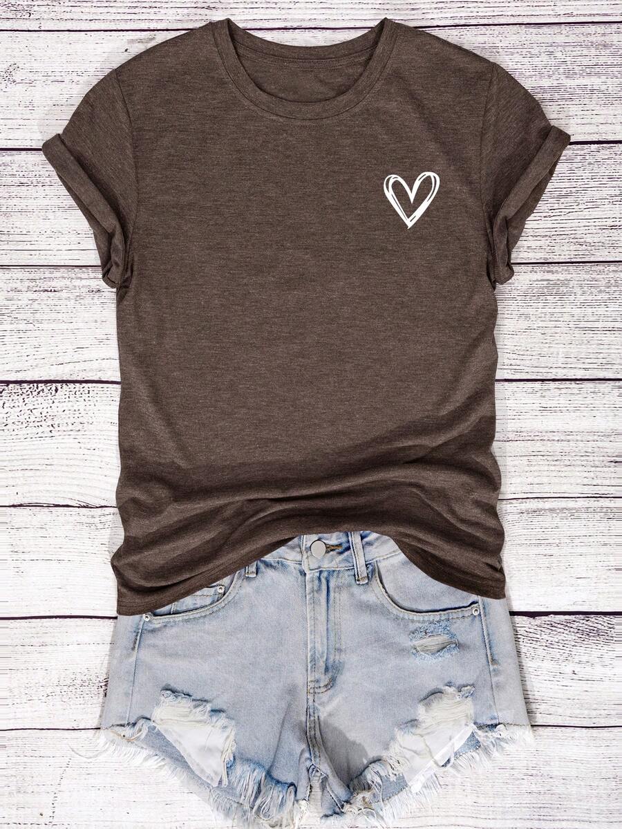 EMERY ROSE Women's Round Neck Heart Print Short Sleeve Casual Fashion Regular T-Shirt - Coffee Brown - View 1