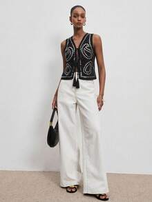 ATUI Studio 女士复古时尚铆钉细节系带衬衫，夏季 - 黑色 - 查看 1