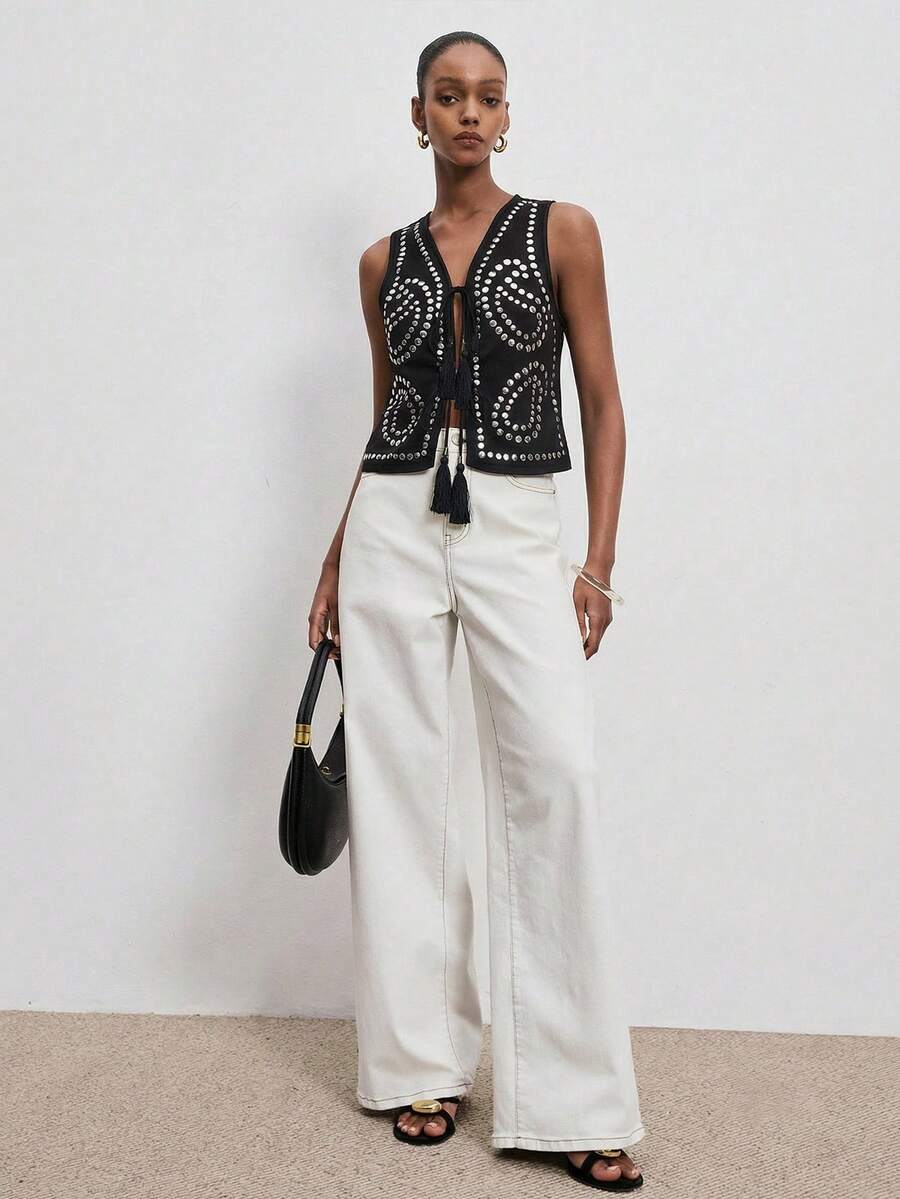 ATUI Studio 女士复古时尚铆钉细节系带衬衫，夏季 - 黑色 - 查看 1