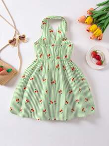 SHEIN Casuvi Kids Đầm mùa hè thời trang mới cho bé gái, cổ polo, hở lưng, thắt eo, kiểu dáng ngọt ngào, thích hợp cho kỳ nghỉ, đầm dự tiệc cho bé gái. - màu xanh lá - Xem 2