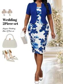 Fleurora Plus Size Women's Navy Blue White Mid-Length 2-Piece Set,Summer Elegant Traditional Wedding Formal Guest Outfit,Puff Sleeve Office Party Dressy - Blue - View 1