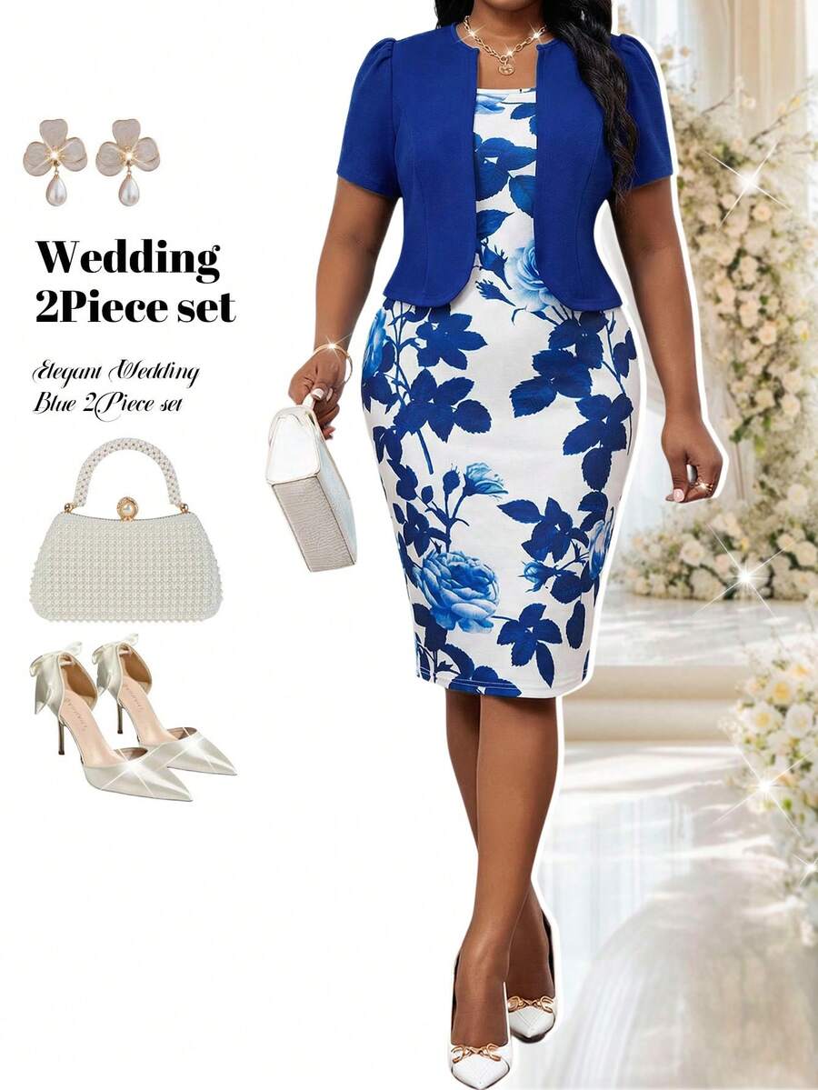 Fleurora Plus Size Women's Navy Blue White Mid-Length 2-Piece Set,Summer Elegant Traditional Wedding Formal Guest Outfit,Puff Sleeve Office Party Dressy - Blue - View 1