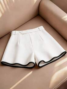 Elenzga 女士优雅白色短裤，撞色滚边，腰带设计，休闲度假短裤 - 白色 - 查看 2