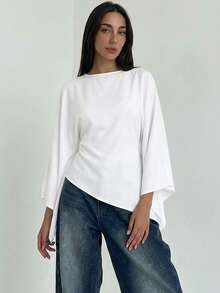 Aloruh Boat Neck Voluminous Sleeve Cinched Waist Commuter Shirt - White - View 7