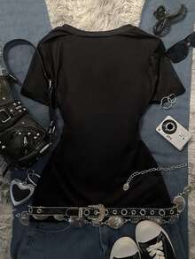 Glimmora Áo thun nữ tay ngắn cổ chữ V dáng ôm in họa tiết 2000SY2K, phong cách Gothic, phù hợp mặc hàng ngày, đi làm, dự tiệc, tụ họp và đi học. - Nhiều màu - Xem 2