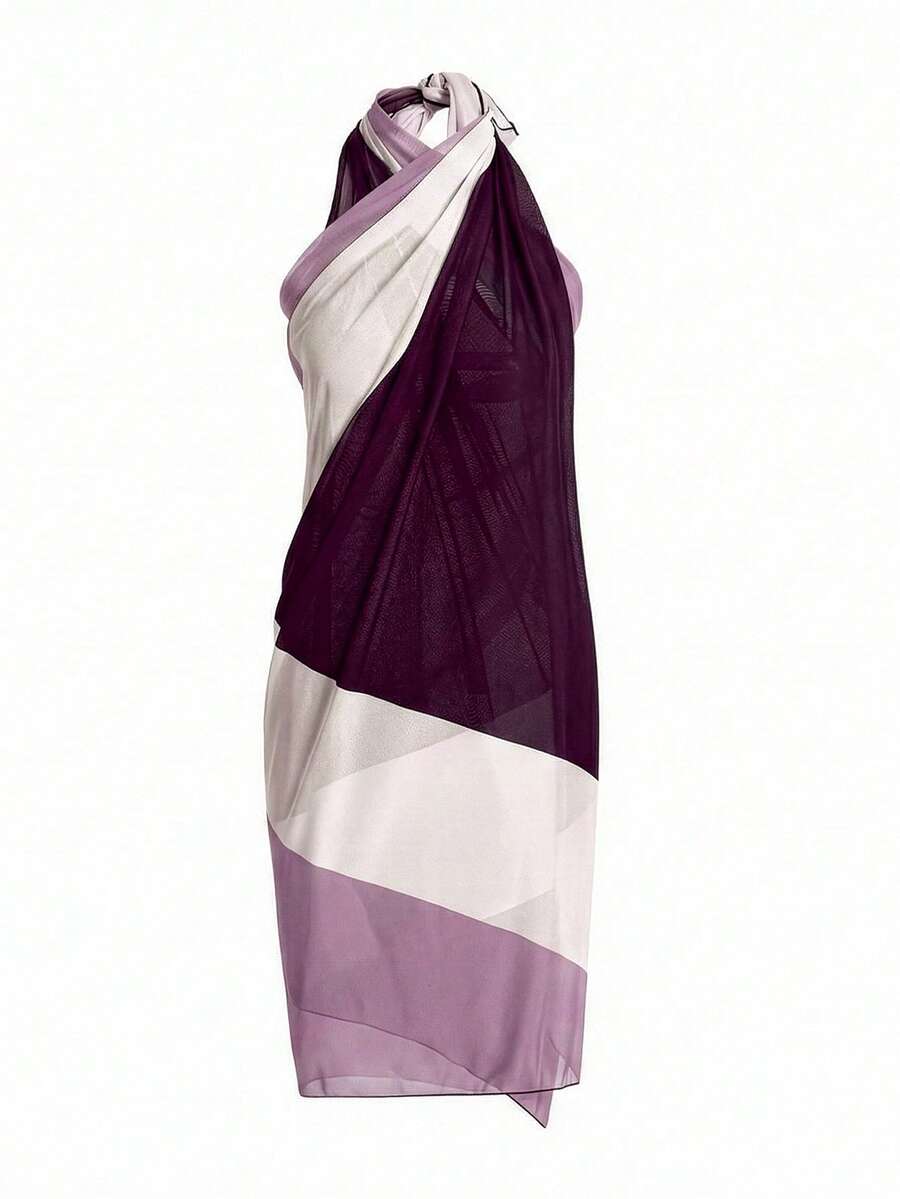 Slaydiva 大码女式裹身裙连体式度假雪纺沙滩罩衫 - 淡紫色 - 查看 1