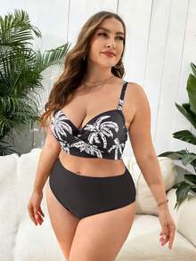 Swim Lushoire Bộ bikini và quần tam giác dáng rộng in hình cây dừa dành cho nữ cỡ lớn, thích hợp mặc đi biển mùa hè, kèm áo choàng. - Nhiều màu - Xem 4