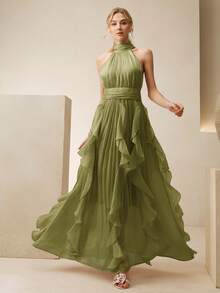 Anewsta 女士新款优雅无袖吊带长裙，腰部褶皱显瘦闪亮波浪裙摆连衣裙，粉色，适合宴会、派对、聚会等场合 - 綠色 - 查看 6