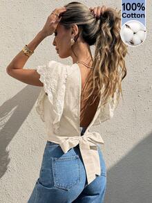 Serisse Women's Cotton Eyelet Ruffle Sleeve Open Back Tie Blouse – Casual Summer Backless Top Women's Apricot V-Neck Ruffle Trim Backless Blouse,Summer,Spring, Party,Beach,Wedding ,Graduation,Elegant,Casual,Vacation,Formal,Business, - Apricot - View 7