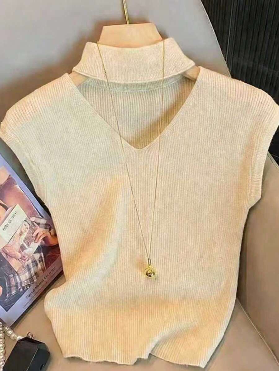 Resyla Women's Solid Color Hollow Out Fitted Elegant Comfortable Short Sleeve Sweater - Khaki - View 1