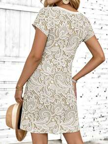 Resyla 女士仿花卉印花连衣裙，休闲舒适撞色设计，适合春夏日常穿着 - 杏色 - 查看 2