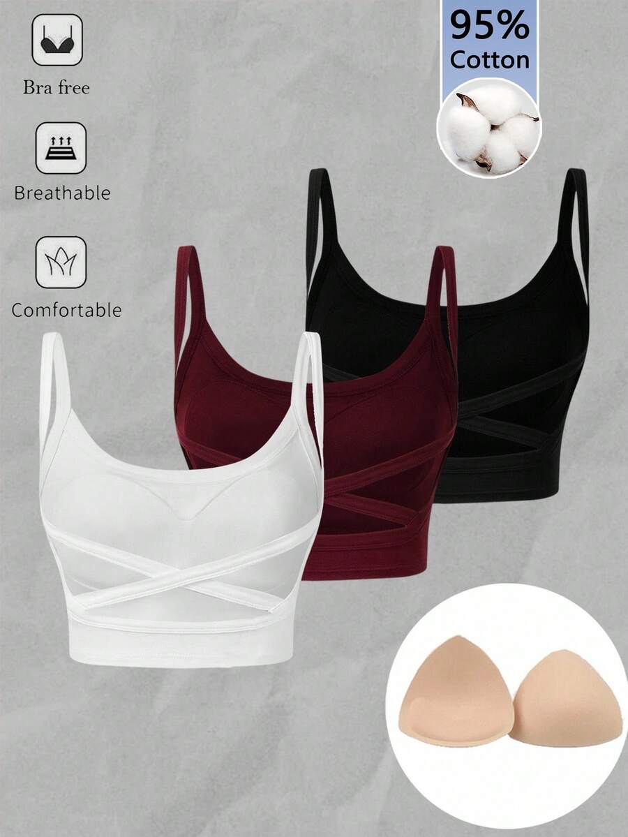 SHEIN VCAY 3件套女士纯棉无胸罩休闲简约百搭吊带背心,适合日常穿着、度假、夏季外出,有黑色、白色、酒红色可选,性感交叉露背设计 - 彩色 - 查看 1