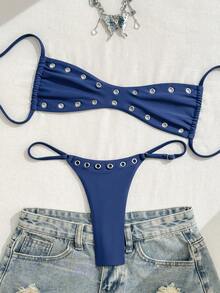 Ensemble de 2 pièces de bikini pour femmes avec blocs de couleurs et rayures à la mode, été 2026 - Bleu - Voir 3