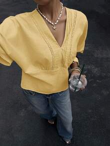 Siren Gaze Women's Solid Color V-Neck Pleated Casual Versatile Daily Wear Blouse - Light Yellow - View 5