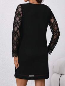 SHEIN PETITE CURVE Women Plus Size V-Neck Lace Patchwork Long Sleeve Solid Color Knee-Length Dress,Black Autumn Elegant Formal Dinner Evening Casual Wave Collar - Black - View 2
