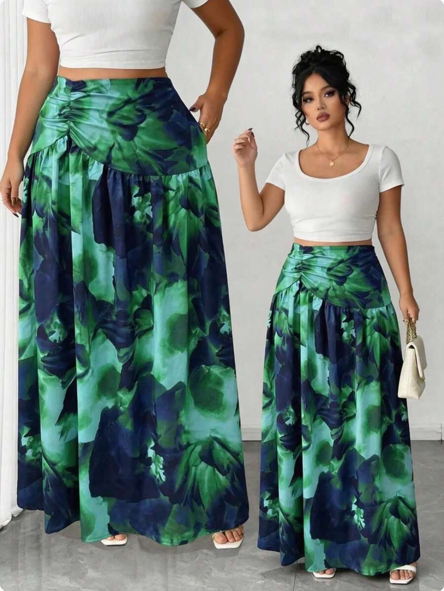 Elenzga Women's Elegant Tie Dye Minimalist Print Ruched Waist Skirt, Spring/Autumn - Blue - View 1