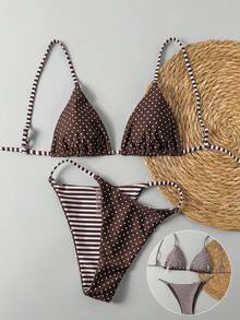 Swim Mod 2pcs/Set Women Striped & Polka Dot Reversible Casual Swimwear Set - Brown - View 1
