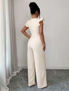 GlowEve Women's Floral Embroidery Square Collar Ruffle Hem Elegant Jumpsuit - Beige - View 2