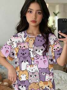 Tween Girls' Casual Minimalist Cat Cartoon Pattern Round Neck Short Sleeve Shorts Pajamas, Suitable For Summer - Multicolor - View 4
