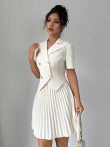 Selianne Bộ 2 áo ngắn tay và váy xếp ly đôi ngực thanh lịch dành cho nữ - Màu be - Xem 8