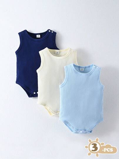 SHEIN Vintaside Kids 3pcs Baby Unisex Summer Casual 3 Pieces Set, Includes Vest Bodysuit In White, Black, Mocha, Soft & Comfortable Cotton Fabric, Suitable For Vacation, Travel, School, Daily Gatherings, Spring/Summer Occasions