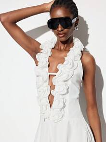 Aveloria GENKIRA Chiffon Fabric White Layered Ruffle Hem Dress, Sleeveless A-Line Silhouette, Romantic French Elegant Sophisticated Vacation Casual Sexy Versatile, Suitable For Party, Gathering, High-End Occasions, Women Short Dress - White - View 3