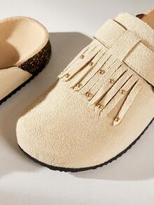 Solecia 新款女鞋，闭趾流苏铆钉PVC水松底杏色休闲复古森系约会时尚度假风 - 米色 - 查看 5