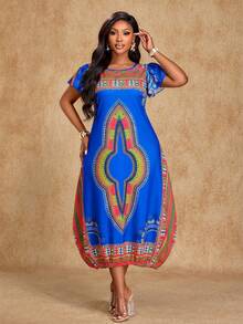 Brilight 女士休闲日常裹身短袖连衣裙。南非传统服饰，适合派对和聚会，饰有艺术印花。彩色长裙，适合艺术摄影。春夏女装。 - 藍色 - 查看 7