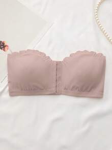 SHEIN Women's Front Closure Bra With Ruffled Edge, Lift & Separate, Removable Padding - Dusty Pink - View 6