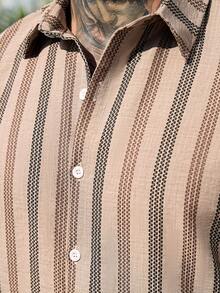 VENTUSAIL Men's Mature Striped Print Button-Front Short Sleeve Shirt And Slant Pocket Shorts Casual Set, Holiday - Khaki - View 5