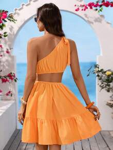 Vivid Eden Orange Spaghetti Strap Backless Hollow Out Ruffle Hem Mini Dress, Vacation, Summer Outfit, Daily Wear - Orange - View 2