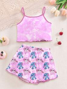 Tween Girl Light Pink Tie-Dye Blue Rabbit Pattern Camisole & Shorts Pajama Set,Summer Graphic Y2k Home Wear Sleep Kids Kawaii Pijamas,Slim-Fit Outfit - Multicolor - View 2