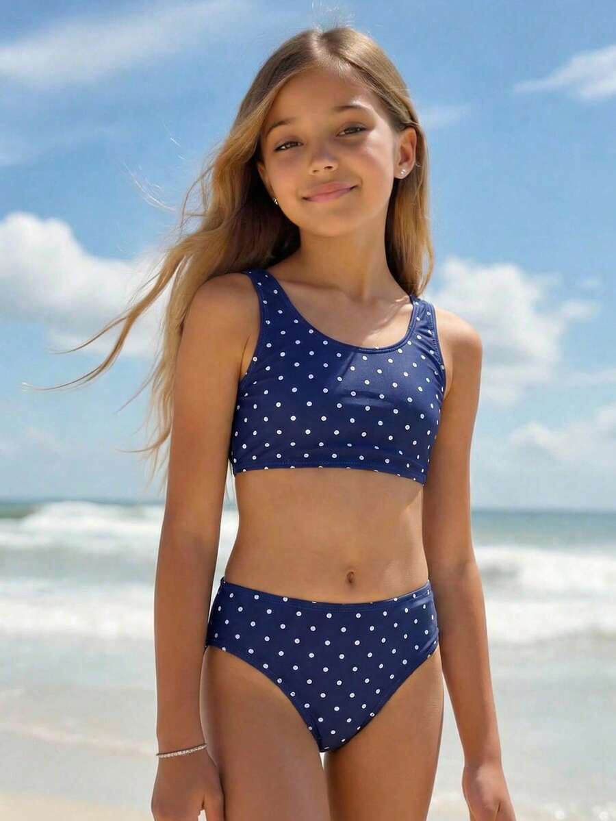 SHEIN 少女海军蓝白波点比基尼套装，夏季海滩度假 - 寶藍色 - 查看 1