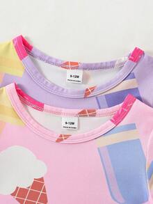 2件装女婴简约时尚甜美粉蓝针织圆领短袖连衣裙，阻燃家居服，送给女婴的最佳礼物 - 彩色 - 查看 3