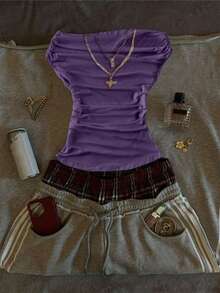 Glimmora 新款性感露肩白色T恤，复古露肩设计，简约性感修身女士打底衫 - 紫色 - 查看 1