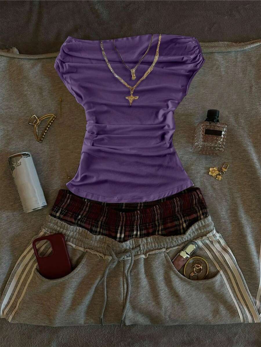 Glimmora 新款性感露肩白色T恤，复古露肩设计，简约性感修身女士打底衫 - 紫色 - 查看 1