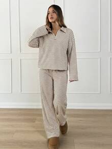 Siren Gaze Bộ đồ nữ 2 món gồm áo thun dài tay cổ chữ V tay trễ vai kẻ sọc dáng rộng và quần dài kẻ sọc cạp chun, bộ đồ len mùa đông, mùa thu/đông. - Màu be - Xem 3