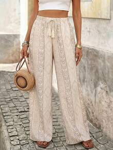 Brillora 女士休闲优雅浪漫简约舒适印花长裤，弹性腰带设计，耐受性高，春夏款 - 杏色 - 查看 4