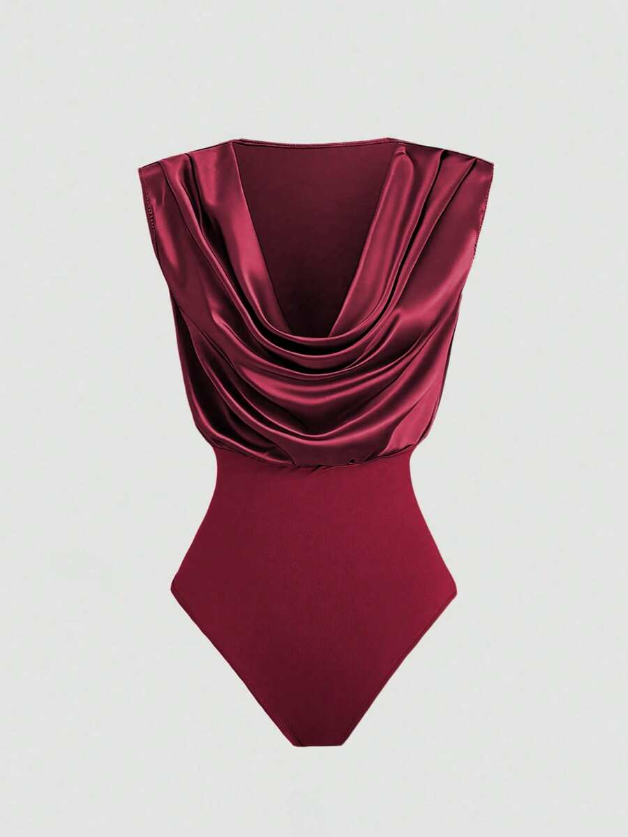 Sweetra Áo liền thân không tay bằng satin màu xanh lá cây nhạt kiểu Pháp, cổ khoét sâu, thanh lịch cho mùa xuân/hè đi làm. - Màu Đỏ Sâu - Xem 1