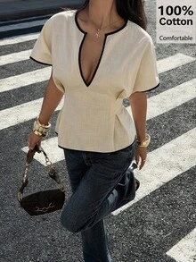 Siren Gaze 100% Cotton Contrast Trim Ruffle Waist Short Sleeve Shirt, Women's Elegant V Neck Blouse, Casual Shirt, Fashionable Pleated Elegant Slim Fit Women's Blouse, Summer Casual, Beach Outfits, Vacation - Apricot - View 6